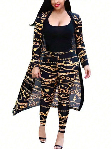 Women 2pcs Set Chain Print Long Sleeve Cardigan Jacket And Pants, Casual And Fashionable, Autumn