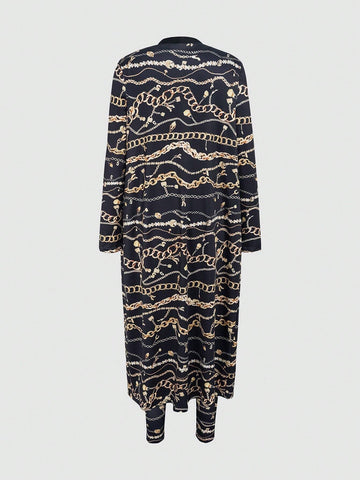 Women 2pcs Set Chain Print Long Sleeve Cardigan Jacket And Pants, Casual And Fashionable, Autumn
