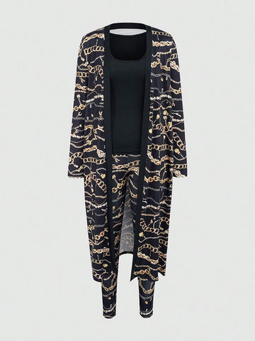 Women 2pcs Set Chain Print Long Sleeve Cardigan Jacket And Pants, Casual And Fashionable, Autumn