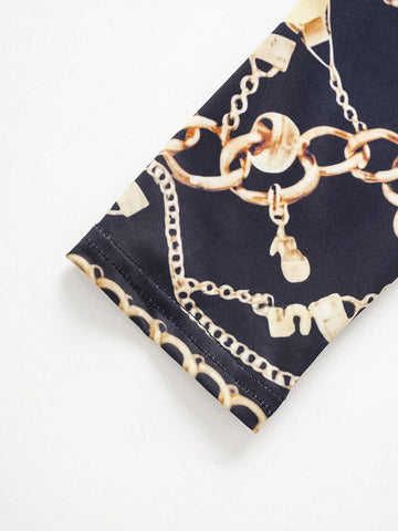 Women 2pcs Set Chain Print Long Sleeve Cardigan Jacket And Pants, Casual And Fashionable, Autumn