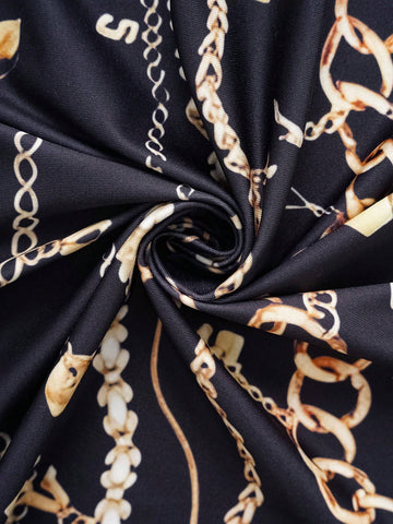 Women 2pcs Set Chain Print Long Sleeve Cardigan Jacket And Pants, Casual And Fashionable, Autumn