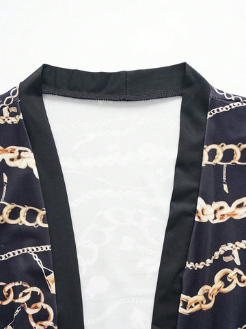 Women 2pcs Set Chain Print Long Sleeve Cardigan Jacket And Pants, Casual And Fashionable, Autumn