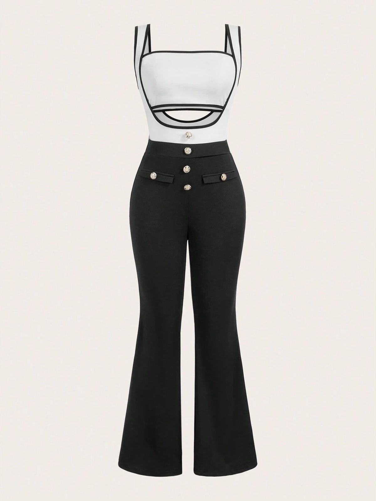 Women 2pcs Set Summer Casual Strapless High Waist Jumpsuit With Button Decoration, Black & White - M Size