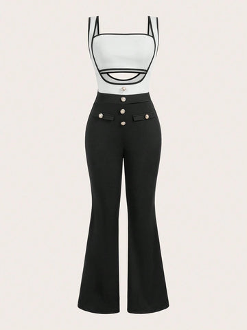 Women 2pcs Set Summer Casual Strapless High Waist Jumpsuit With Button Decoration, Black & White - M Size
