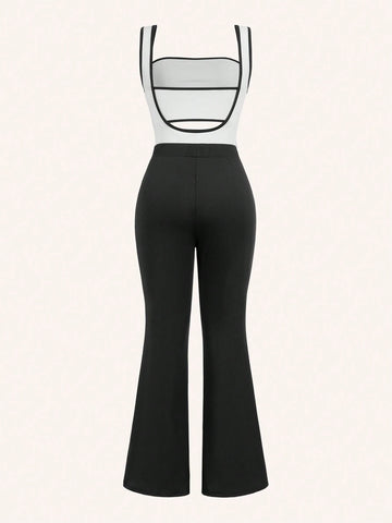 Women 2pcs Set Summer Casual Strapless High Waist Jumpsuit With Button Decoration, Black & White - M Size