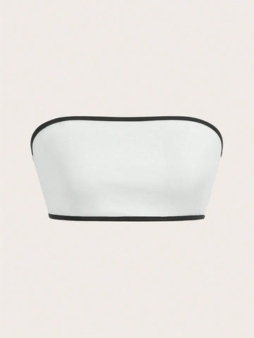 Women 2pcs Set Summer Casual Strapless High Waist Jumpsuit With Button Decoration, Black & White - M Size