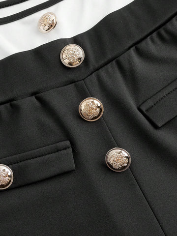 Women 2pcs Set Summer Casual Strapless High Waist Jumpsuit With Button Decoration, Black & White - M Size