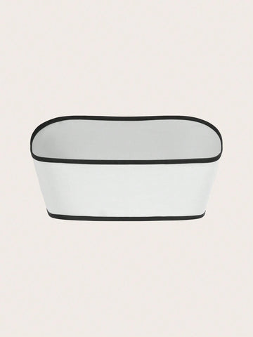 Women 2pcs Set Summer Casual Strapless High Waist Jumpsuit With Button Decoration, Black & White - M Size