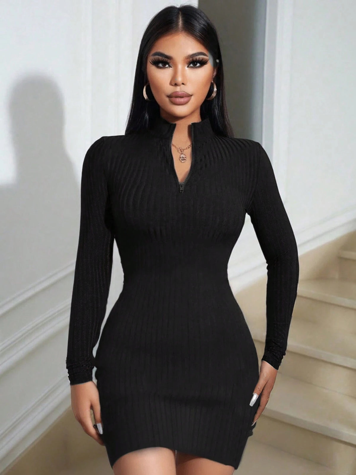 Women Autumn Half-Zip Long Sleeve Solid Color Fitted Casual Dress