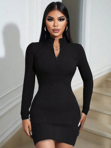 Women Autumn Half-Zip Long Sleeve Solid Color Fitted Casual Dress