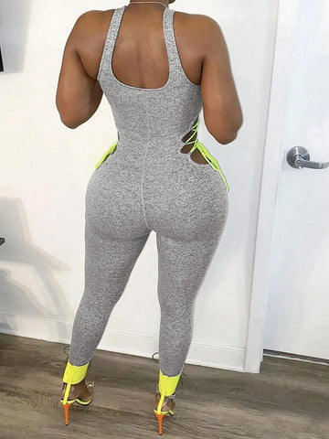 Women Casual Contrast Color Criss-Cross Waist Hollow Back Unitard