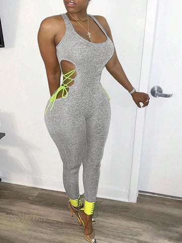 Women Casual Contrast Color Criss-Cross Waist Hollow Back Unitard
