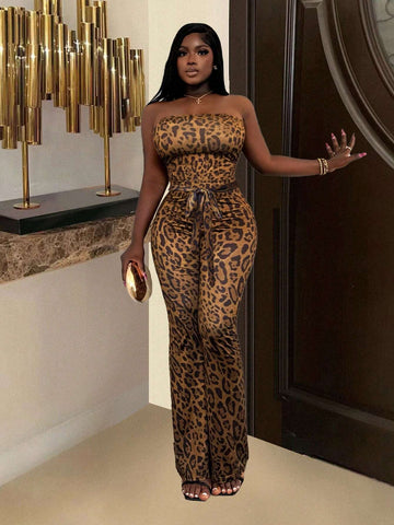 Women Casual Elegant Leopard Print Belted Bandeau Flare Jumpsuit