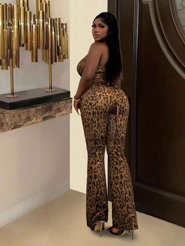 Women Casual Elegant Leopard Print Belted Bandeau Flare Jumpsuit