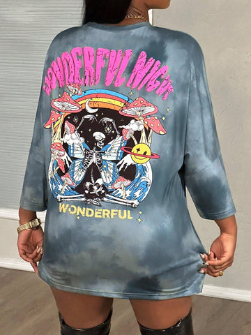 Women Casual Loose Fit Raglan Short Sleeve Graphic Print Washed Vintage Dress