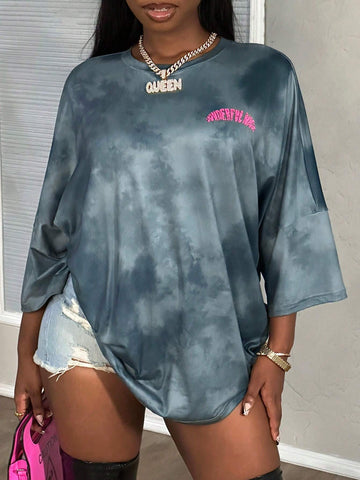 Women Casual Loose Fit Raglan Short Sleeve Graphic Print Washed Vintage Dress