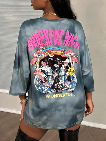 Women Casual Loose Fit Raglan Short Sleeve Graphic Print Washed Vintage Dress