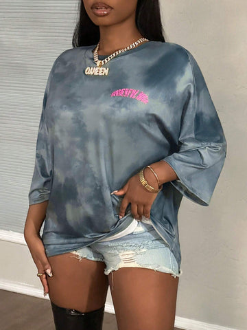 Women Casual Loose Fit Raglan Short Sleeve Graphic Print Washed Vintage Dress