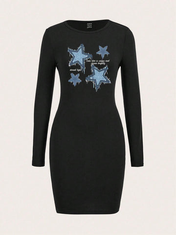 Women Casual Minimalist Star Print Long Sleeve Dress, Spring/Autumn
