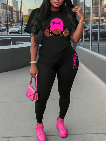 Women Casual Round Neck Short Sleeve T-Shirt And Leggings Set With Character Print For Daily Wear In Spring And Summer