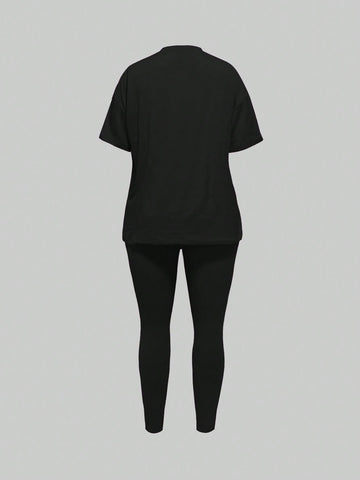 Women Casual Round Neck Short Sleeve T-Shirt And Leggings Set With Character Print For Daily Wear In Spring And Summer