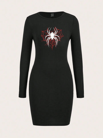 Women Casual Simple Spider Print Long Sleeve Dress, Suitable For Autumn