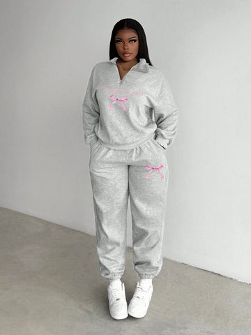 Women Casual Stand Collar Half-Zip Loose Long Sleeve Thermal Lined Sweatshirt And Sweatpants Set, Suitable For Autumn/Winter