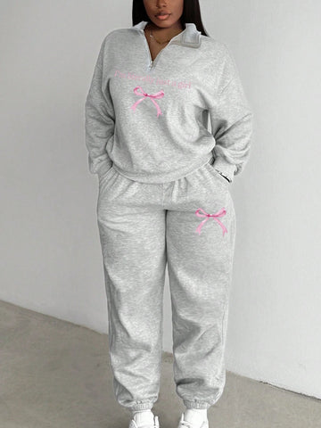 Women Casual Stand Collar Half-Zip Loose Long Sleeve Thermal Lined Sweatshirt And Sweatpants Set, Suitable For Autumn/Winter