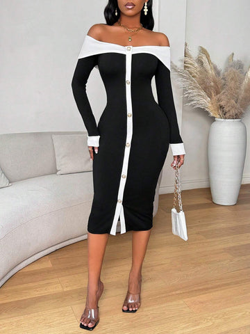 Women Color Blocking Button Front Long Sleeve Casual Midi Dress