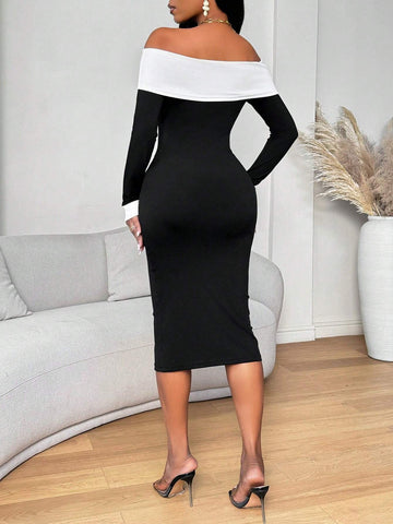 Women Color Blocking Button Front Long Sleeve Casual Midi Dress