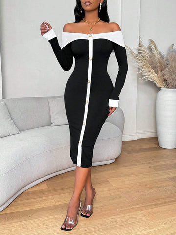 Women Color Blocking Button Front Long Sleeve Casual Midi Dress