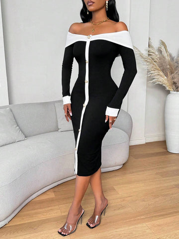 Women Color Blocking Button Front Long Sleeve Casual Midi Dress