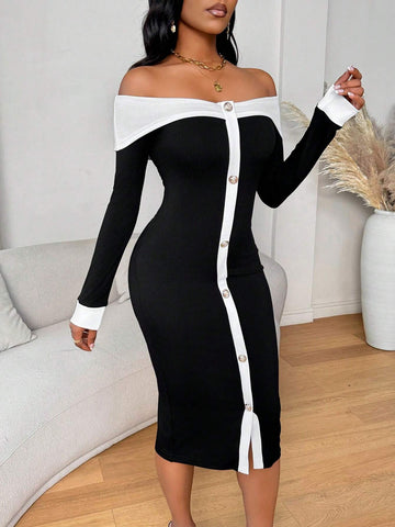 Women Color Blocking Button Front Long Sleeve Casual Midi Dress