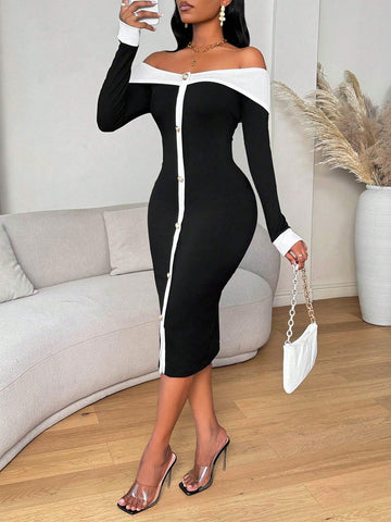 Women Color Blocking Button Front Long Sleeve Casual Midi Dress