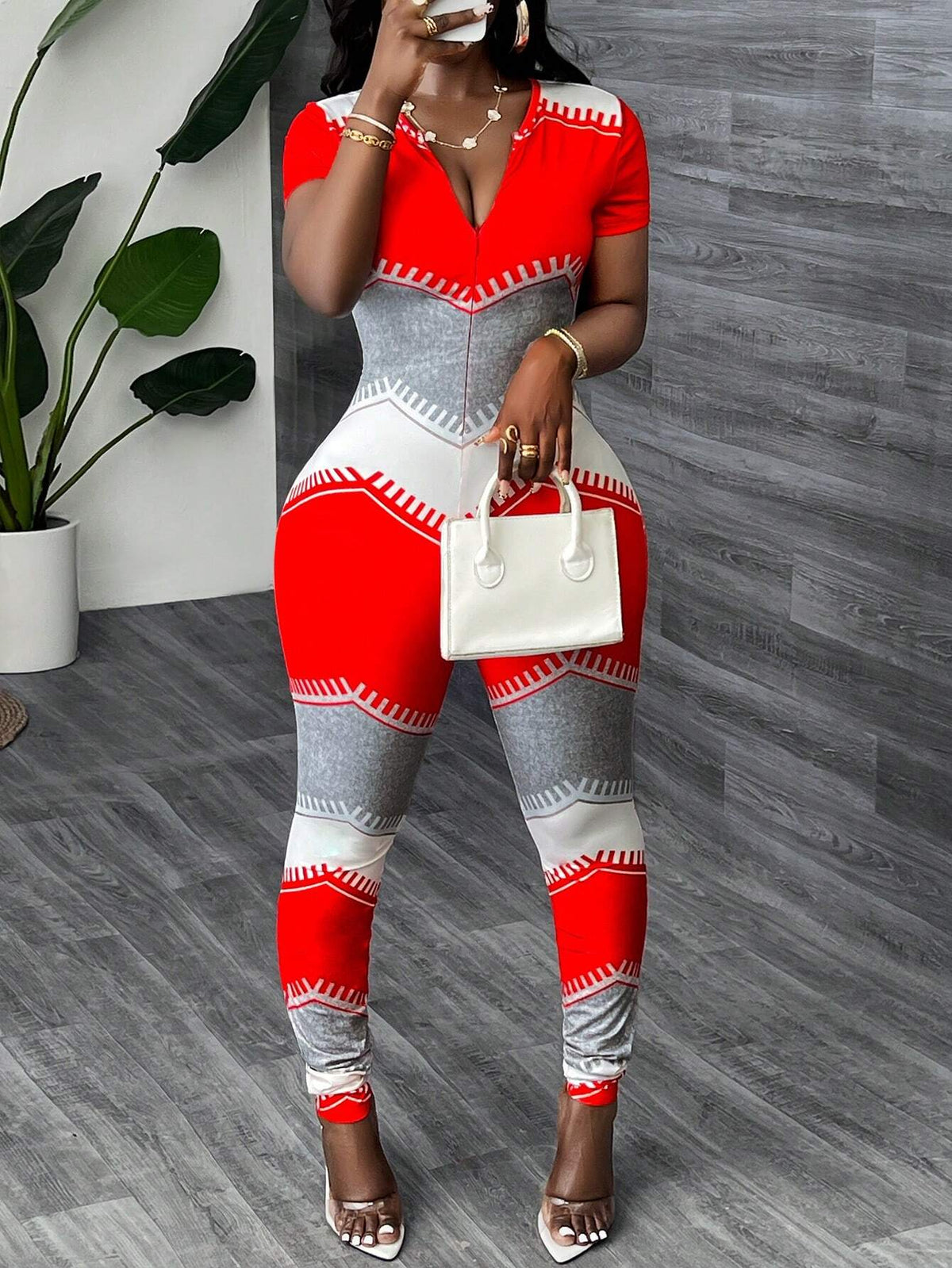 Women Colorblock Casual Skinny Jumpsuit