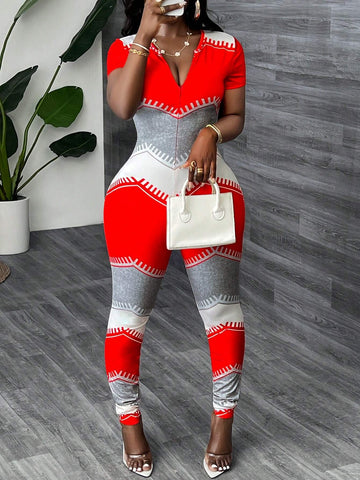 Women Colorblock Casual Skinny Jumpsuit