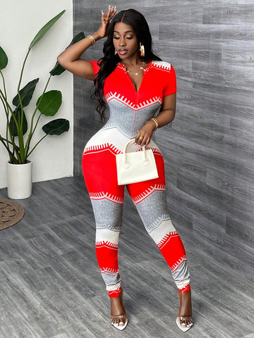 Women Colorblock Casual Skinny Jumpsuit