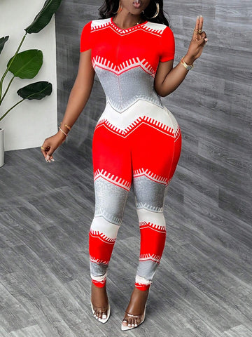 Women Colorblock Casual Skinny Jumpsuit