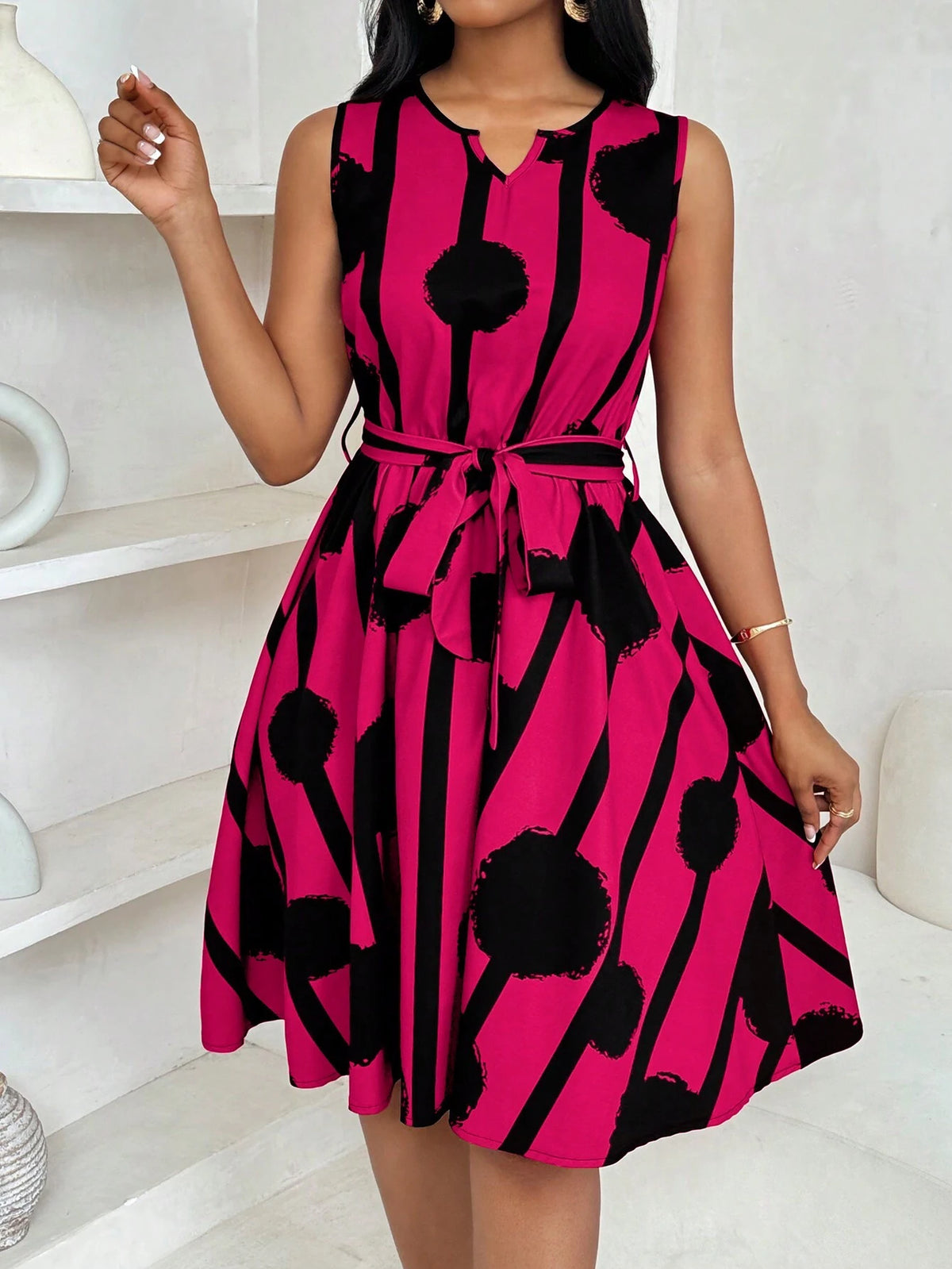 Women Elegant Geometric Print Tie-Front A-Line Mini Dress