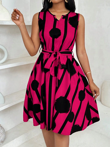 Women Elegant Geometric Print Tie-Front A-Line Mini Dress