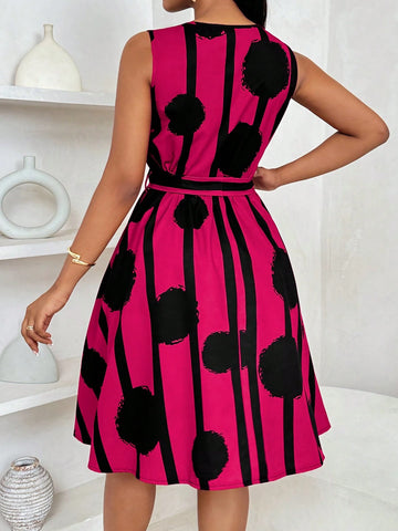 Women Elegant Geometric Print Tie-Front A-Line Mini Dress