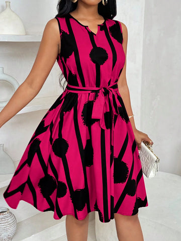 Women Elegant Geometric Print Tie-Front A-Line Mini Dress