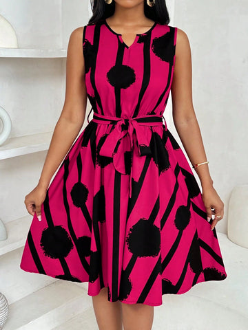 Women Elegant Geometric Print Tie-Front A-Line Mini Dress