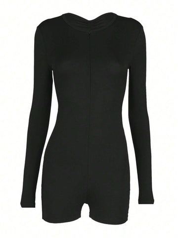 Women Fashionable Slim Fit Drawstring Design Open Back Solid Color Unitards