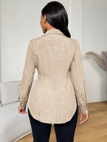 Slayr Women Front Button Long Sleeve Mock Pocket Shirt Collar Casual Top, Everyday Wear