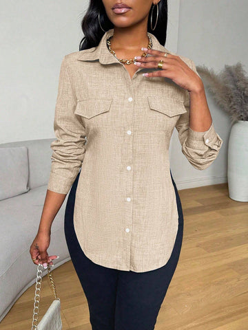 Slayr Women Front Button Long Sleeve Mock Pocket Shirt Collar Casual Top, Everyday Wear