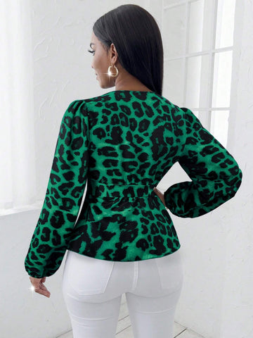 Slayr Women Front Tie Long Sleeve Leopard Print Minimalist Casual Blouse