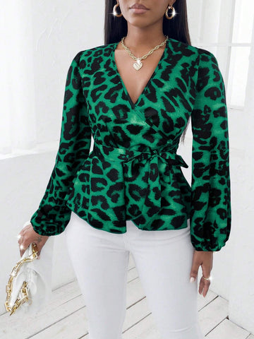 Slayr Women Front Tie Long Sleeve Leopard Print Minimalist Casual Blouse