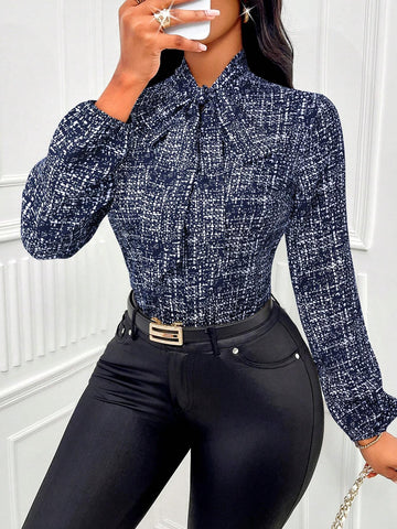 Slayr Women Front Tie Long Sleeve Plaid Casual Blouse, Everyday Wear