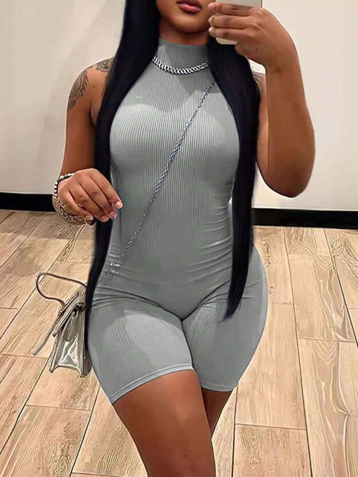 Women Plain Collar Sleeveless Bodycon Jumpsuit, Summer